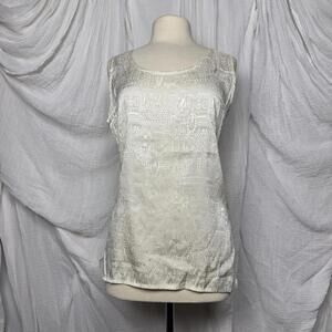 Vintage Boho Indie Minimalist Thai Silk Ivory Sleeveless Top (XL)